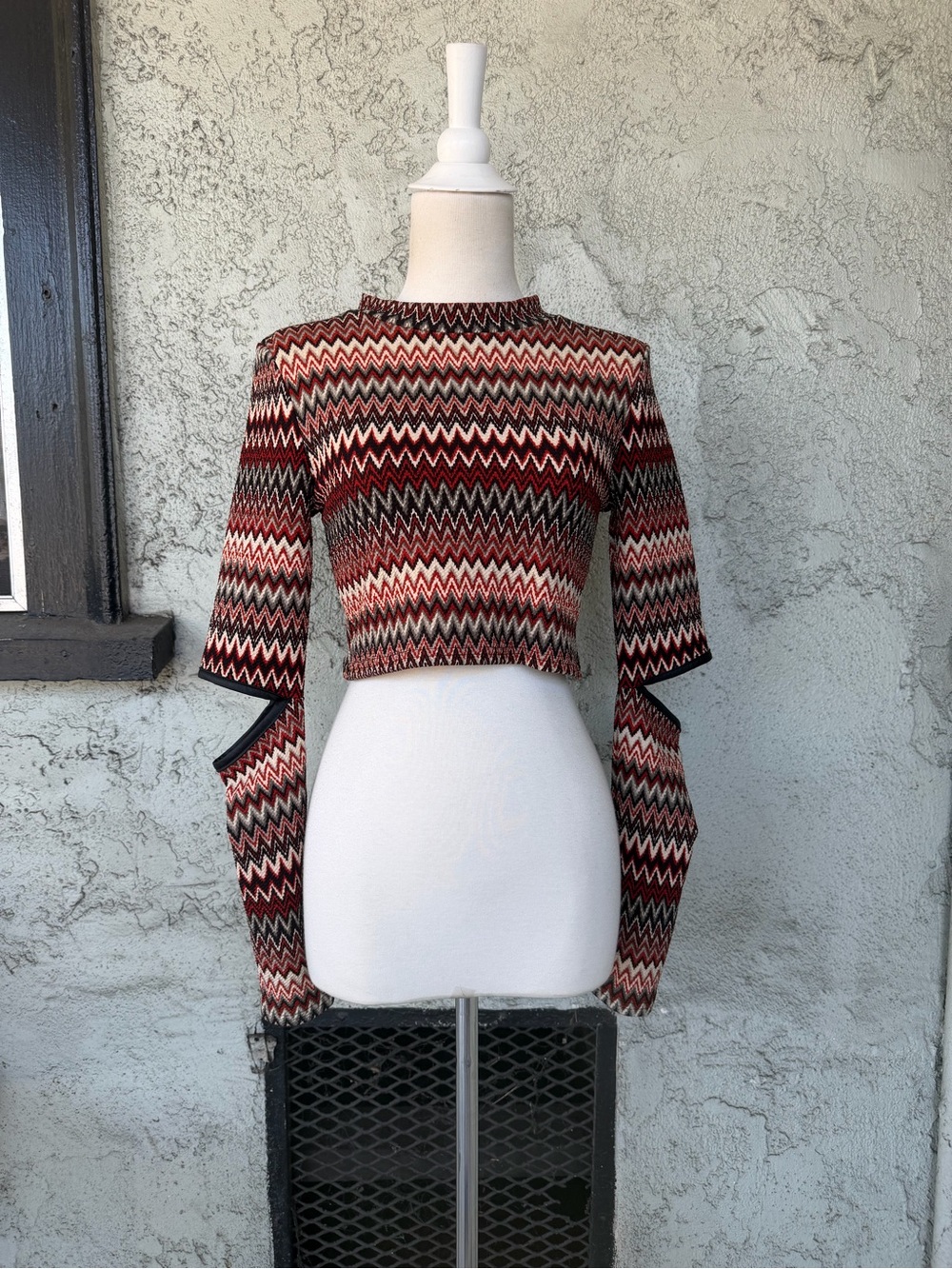Jaded London Red Black Cream Zigzag Cropped Knit Top